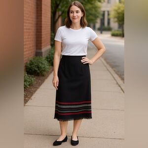 Requirements Elegant Black Midi Skirt Wool Blend Red and Gray Stripes Fringe Hem